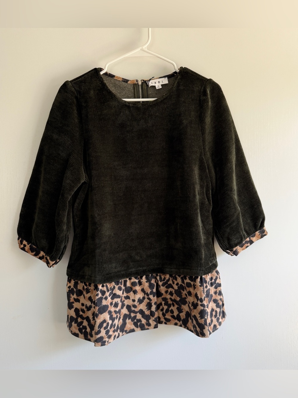 THML Olive Green Chenille Corduroy Knit Top with Leopard Hem Animal Print